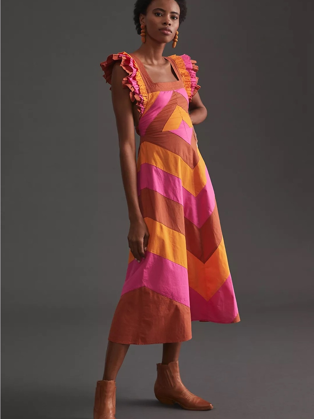 Colorblock Ruffle-Sleeve Midi Dress in Pink, Orange and Brown